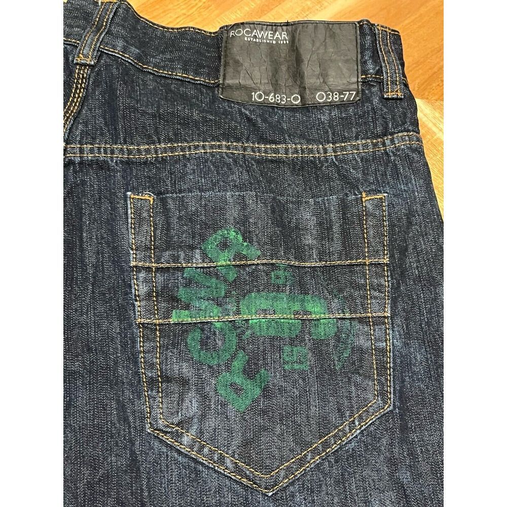 Vintage Rocawear Jeans Mens 38 Dark Denim Pants Baggy Fit Embroidered Pockets - Picture 5 of 8